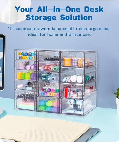Clear Acrylic Organizer with Drawers | 15-Drawer Desktop Unit | Makeup & Desk Organization and Storage Box for Office, Craft, Vanity Table, Bathroom, Home Essentials