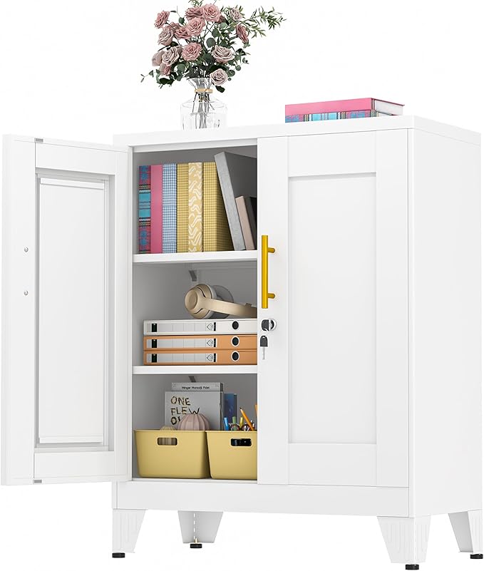 36" Metal Floor Storage Cabinet, Locked Steel Storage Cabinets with 2 Doors and 2 Adjustable Shelves, White Kitchen Cabinet, Freestanding Cabinet for Home/Office/Garage/Tool Room/Bathroom