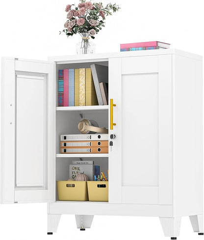 36" Metal Floor Storage Cabinet, Locked Steel Storage Cabinets with 2 Doors and 2 Adjustable Shelves, White Kitchen Cabinet, Freestanding Cabinet for Home/Office/Garage/Tool Room/Bathroom