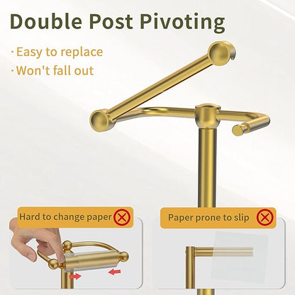 Toilet Paper Holder Stand, Modern Bathroom Free Standing Toilet Paper Holder with Storage for 4 Rolls, Post Pivoting Toilet Paper Stand Stainless Steel Tissue Rack, Heavy Stable Base(Brushed Gold)
