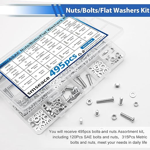 smseace 495Pcs SAE&Metric Nuts and Bolts Assortment Kit 26-Sizes M3/M4/M5#6-32#8-32#10-24 Phillips Pan Head Nut Bolt Washer Assortment Kit for Machinery, Furniture, Automotive, Motorcycle Repair