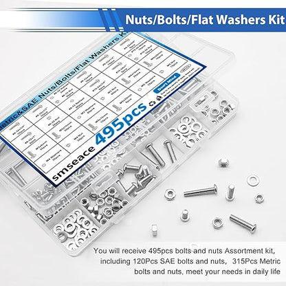 smseace 495Pcs SAE&Metric Nuts and Bolts Assortment Kit 26-Sizes M3/M4/M5#6-32#8-32#10-24 Phillips Pan Head Nut Bolt Washer Assortment Kit for Machinery, Furniture, Automotive, Motorcycle Repair