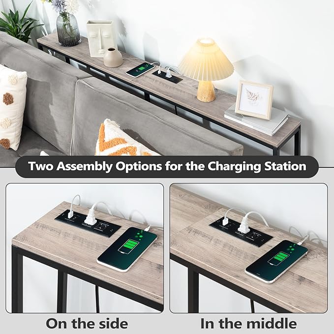 63" Console Table with Power Outlet, Narrow Sofa Table, Industrial Entryway Table with USB Ports, Behind Couch for Entryway, Hallway, Foyer, Living Room, Greige CTHG16E01Z1