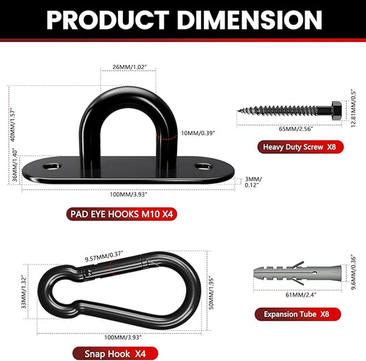 sprookber 304 Stainless Steel Pad Eye Snap Hooks, M10 Heavy Duty Ceiling Hooks, 1700lb Capacity Hammock Swing Hanging kit, Plant Hangers, Marine Hardware Staple Hook Loop with Screws, Set of 8(Black)