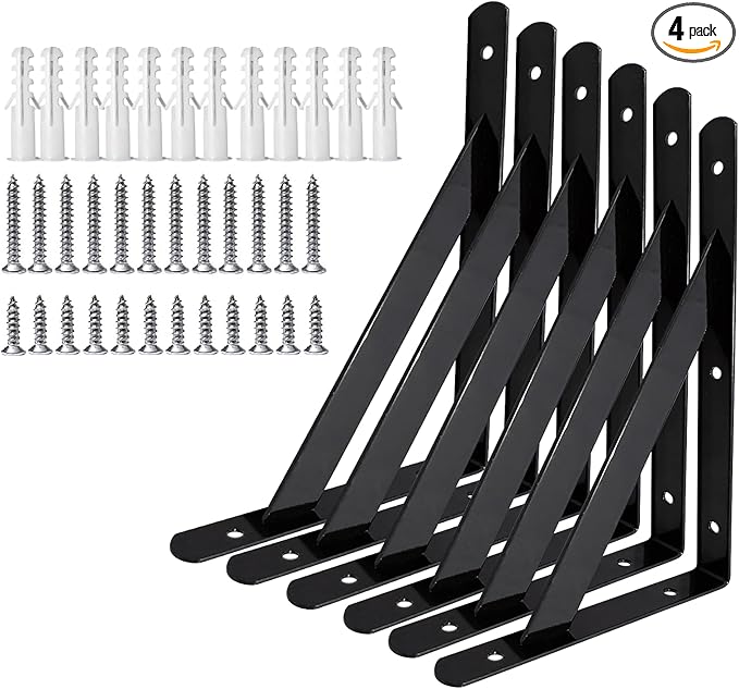 Heavy Duty Shelf Brackets Wall Mount Steel Bracket Wall Brackets for Shelves (Black, 6 x 4 Inch-3 Pairs)