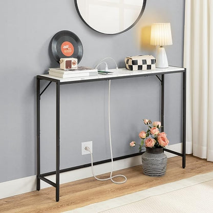 Console Table, Narrow Sofa Table Behind Couch, 43.3” Entrance Table with Power Station, Simple Style, for Living Room, Hallway, Entryway, Foyer, Marble and Black CTHM112E01