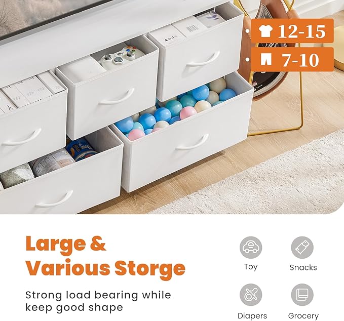 Sweetcrispy Dresser for Bedroom with 5 Storage Drawers, Fabric Storage Tower Organizer, Chest of Drawers with Metal Frame Wooden Top for Closet, Living Room, Entryway, White