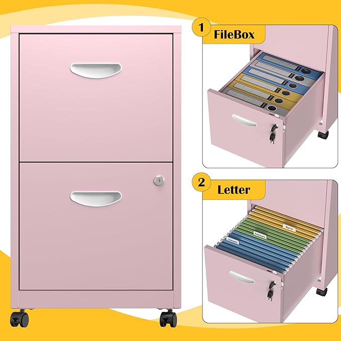 2 Drawer File Cabinet with Lock，Pink Rolling File Cabinet for Home Office, Metal Small Mobile Filing Cabinets on Wheels for Hanging Letter
