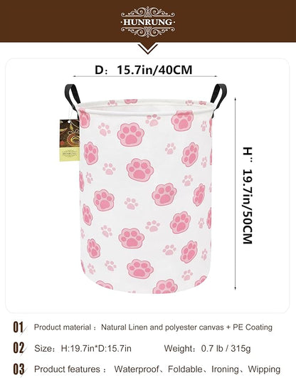 HUNRUNG Laundry Hamper,Large Canvas Fabric Lightweight Storage Basket Toy Organizer Dirty Clothes Collapsible Waterproof for College Dorms（Round-Pink Paw）