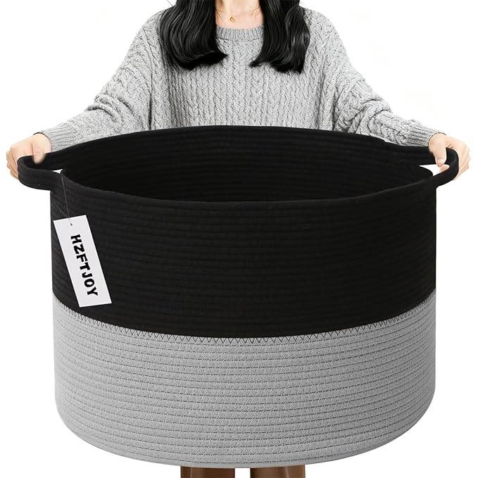 90L Large Blanket Basket,21.7"L x 21.7"W x 13.8"H Rope Woven Baskets with Handles, Toys Storage Bins,Laundry Basket Perfect for Living Room, Nursery,Bedroom,Home Organization,Black&Light Grey