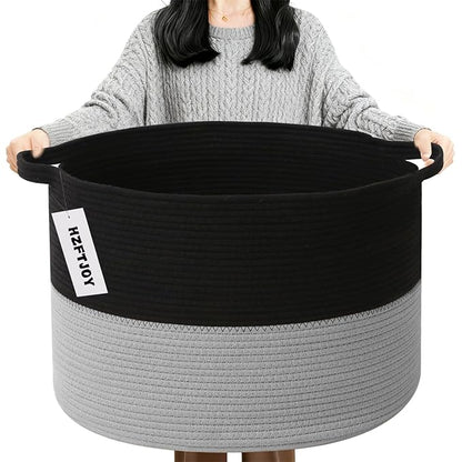 90L Large Blanket Basket,21.7"L x 21.7"W x 13.8"H Rope Woven Baskets with Handles, Toys Storage Bins,Laundry Basket Perfect for Living Room, Nursery,Bedroom,Home Organization,Black&Light Grey