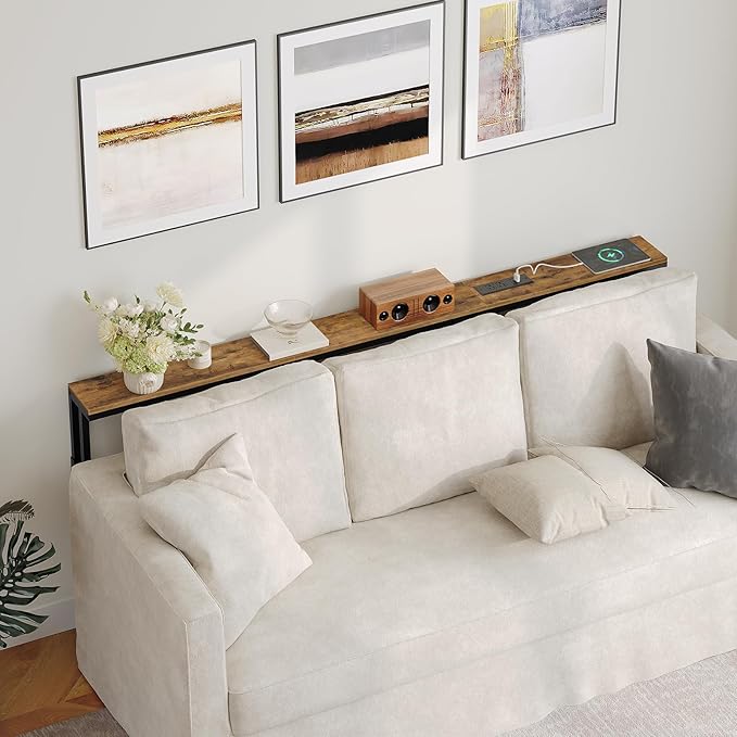 70.9" Narrow Console Table with Adjustable Height (27.6"-35.4"), L Shaped Sofa Table Narrow Long, Skinny Behind Couch Table with USB-C Ports, 5.9" Wide Sofa Side Table, Rustic Brown CT28UBR