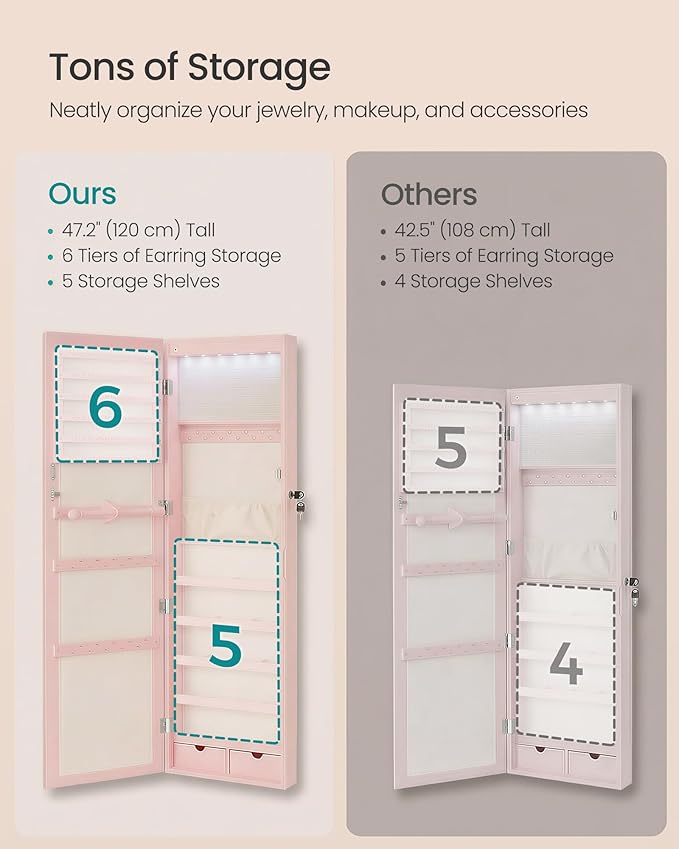 SONGMICS 6 LEDs Mirror Jewelry Cabinet, 47.2-Inch Tall Lockable Wall or Door Mounted Jewelry Armoire Organizer with Mirror, 2 Drawers, 3.9 x 14.6 x 47.2 Inches, Jelly Pink UJJC093SA02S