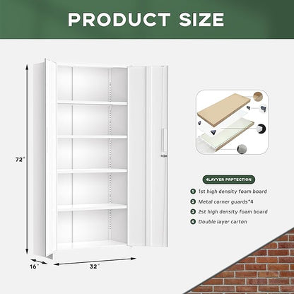 Greenvelly White Metal Storage Cabinet for Garage, 72” Steel Locking Cabinet with Doors and 4 Shelves, Tall Tool Cabinets for Garage Storage Systems Lockable File Cabinet for Home Office, Classroom