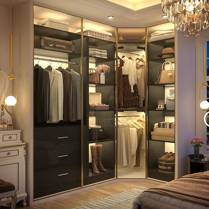 Corner Closet System with 3 Drawers, Corner Closet Organizer System with 13 Shelves & 3 Hanging Rods, 63.2"L * 39.2"W Reversible L Shaped Walk-in Closets, Load 2000+LBS, Black