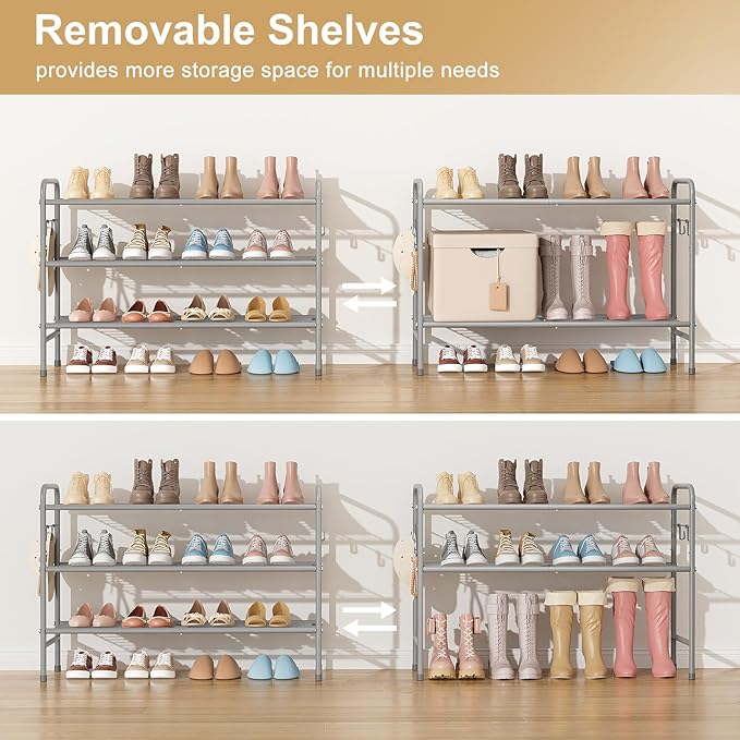 3 Tier Shoe Rack 33" Wide Metal Shoe Organizer Long Shoe Storage with 4 Side Hooks Sturdy Shoes Shelf for Front Door Entrance, Closet, Garage, Dorm, Grey