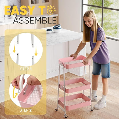 Sekey 3 Tier Rolling Cart, Hanging Cups, Hooks, Heavy Duty Mesh Rolling Storage Cart Organizer with 2 Lockable Wheels for Bathroom, Kitchen, Office, Craft, Makeup, Baby Essentials, Pink