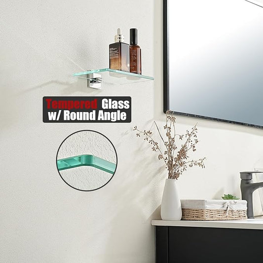 JQK Bathroom Glass Shelf Chrome, Tempered Glass Shower Storage 8 by 5 inches, 304 Stainless Steel Polished Chrome Wall Mount, TGS201L8-CH