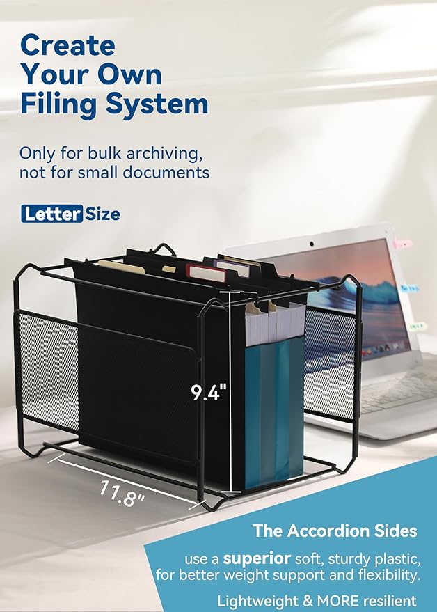 Plastic High Capacity Hanging File Folders, 4" Expansion for Bulky Documents, Side-Sealed Accordion Pocket, Supports Heavy Files, Letter Size, Movable Dividers, Insertable Tabs, 6 Pack