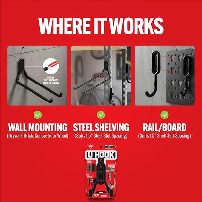 Smart T Garage Storage Wall Hook | 8" U-Hook for Garage Organization, Heavy Duty Organizer Wall Mount or Shelving Hooks