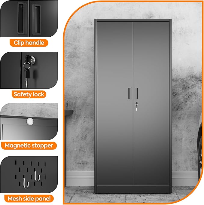 Broom Closet Storage Cabinet with 5 Pegboard, Hanging Rod &13 Hooks, Utility Metal Garage Storage Cabinets with Doors and 4 Shelves for Garage Home Storage, Black,61.6" Hx27.6 Wx13.8 D