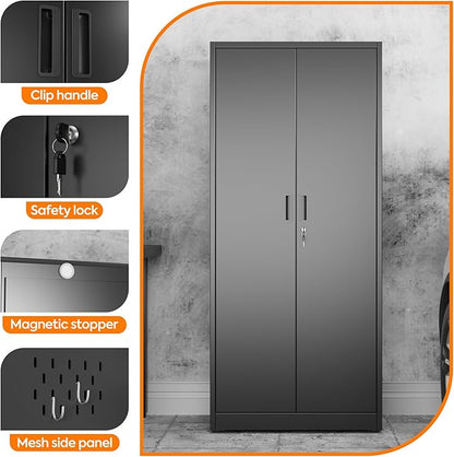 Broom Closet Storage Cabinet with 5 Pegboard, Hanging Rod &13 Hooks, Utility Metal Garage Storage Cabinets with Doors and 4 Shelves for Garage Home Storage, Black,61.6" Hx27.6 Wx13.8 D