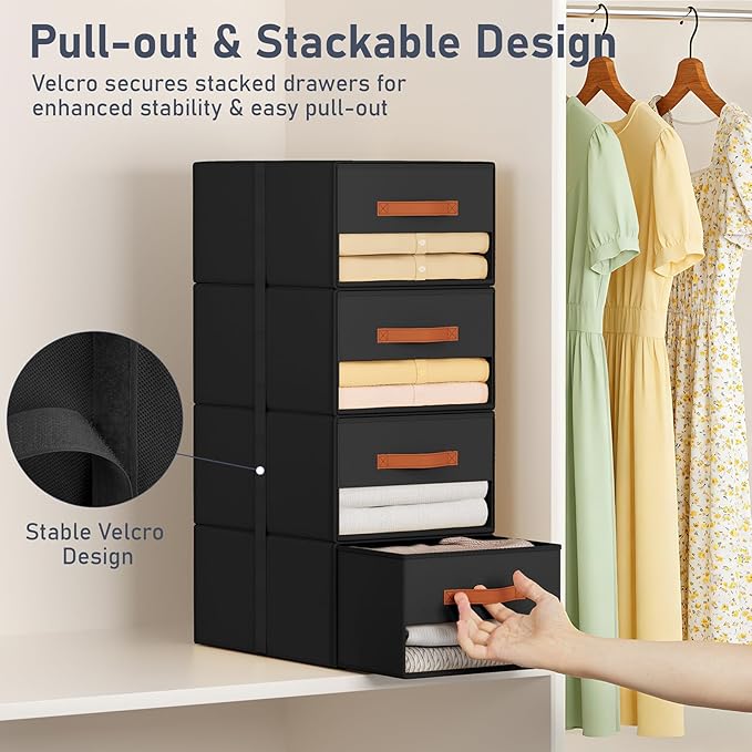 DIMJ Closet Organizers and Storage - Fabric Bins with Drawers for Closet Foldable Clothes Organizers with Clear Window, Stackable Storage Drawers Units for Bedroom, Living Room, Medium 6-Pack, Black