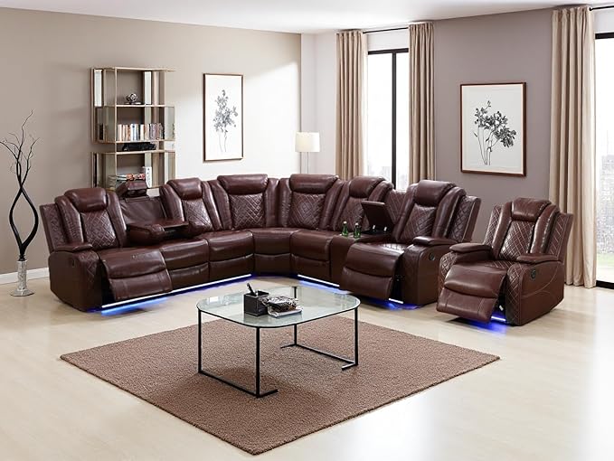 Power Sectional Reclining Sofa Set, Brown Breathing Leather Power Recliner Sofa Set with LED Light, Living Room Furniture with 3 Recliner Seats/Cup Holder/Storage Console for Living Room