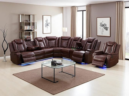 Power Sectional Reclining Sofa Set, Brown Breathing Leather Power Recliner Sofa Set with LED Light, Living Room Furniture with 3 Recliner Seats/Cup Holder/Storage Console for Living Room