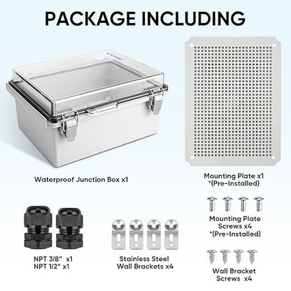 TICONN Outdoor Electrical Box Waterproof, Junction Box IP67 ABS Plastic Enclosure with Hinged Cover with Mounting Plate, Wall Brackets, Cable Glands (Clear, 15.7"x11.8"x7.1")