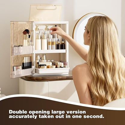 Makeup Organizer with Drawers,Skincare Organizer for Vanity,Large Cosmetic Display Case with Handle,Storage Organizers with Cover and Makeup Brush Holder for Dresser, Bathroom Countertop
