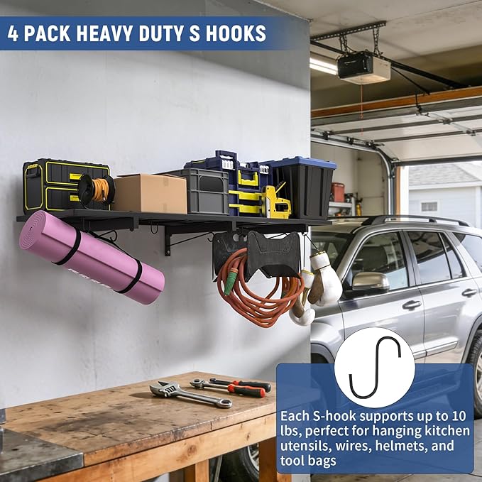 Garage Wall Shelf, Heavy Duty Garage Shelving, 46"X 12.5" Wall Mounted Shelves, Metal Floating Storage Rack with 4 Hooks, Utility Organizer Max Load 160 LBS for Laundry Room, Basement, Workshop