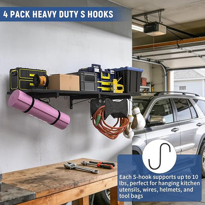 Garage Wall Shelf, Heavy Duty Garage Shelving, 46"X 12.5" Wall Mounted Shelves, Metal Floating Storage Rack with 4 Hooks, Utility Organizer Max Load 160 LBS for Laundry Room, Basement, Workshop