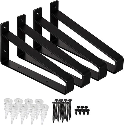 Premium Heavy-Duty Shelf Brackets - Quarter Inch (1/4") Thick - Rustic Industrial Modern Farmhouse Black Iron Finish Open Shelving Holder Hanger w/ Hardware, 4-PK (Ultra Heavy Duty, 12")