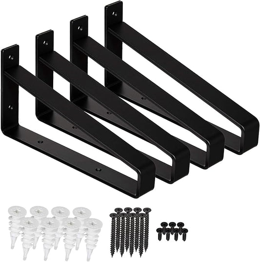 Premium Heavy-Duty Shelf Brackets - Quarter Inch (1/4") Thick - Rustic Industrial Modern Farmhouse Black Iron Finish Open Shelving Holder Hanger w/ Hardware, 4-PK (Ultra Heavy Duty, 12")