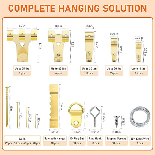 Picture Hanging Kit, 224pcs Hanging Hardware with Hooks, Wire, Nails, D Rings, Photo Sawtooth Hangers, Ring Hooks, Wall Art Frame Hanging Kit with Yellow Magnetic Level and Small Claw Hammer