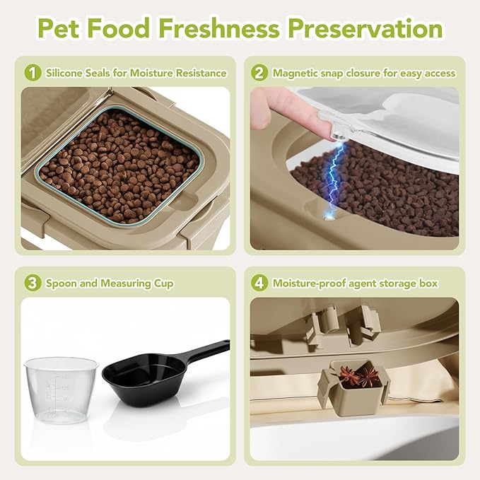 Ca15 Lbs Dog/Cat Food Storage Container,Collapsible Food Storage Containers with Rolling Wheel Airtight Locking Lid,Pet Food Storage Container with Cup and Scoop,Khaki