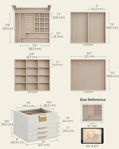 SONGMICS GISELLA Collection - Jewelry Box Organizer, 4-Layer Jewelry Storage with 3 Drawers, Shiny Metal Hardware, Glass Lid, Modern, 8 x 9.1 x 6.5 Inches, Cloud White and Gold Color UJBC173W01