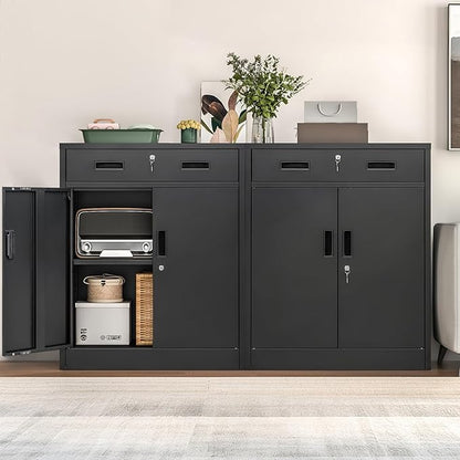 Metal Storage Cabinet, Locking Cabinet with One Drawer and Adjustable Shelf, 36" H x 28" W x 16" D Steel Storage Cabinet for Office, Garage, Home-Black