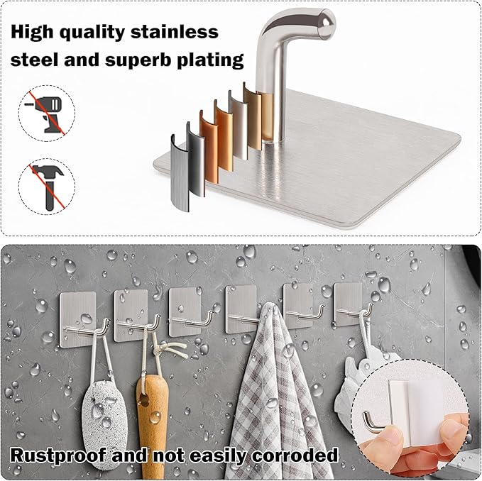 Livabber Adhesive Towel Hooks, 304 Stainless Steel Self Sticky Wall Hooks Waterproof Shower Hooks for Robe/Clothes, No Drilling Towel Hangers for Bathroom Kitchen Bedroom (Brushed Nickel, 6 Packs)