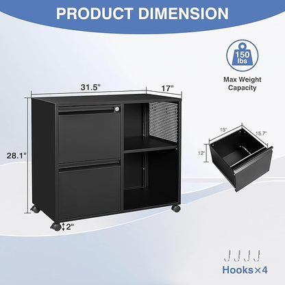 Mobile Lateral File Cabinet with Side Hook, 2 Drawer File Cabinet with Lock fits A4/Letters/Legal Size for Home Office,Metal Rolling Printer Stand with Open Storage Adjustable Shelves(Black)