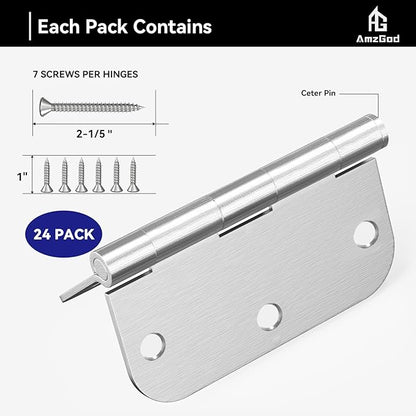 Door Hinges Brushed Nickel - 24 Pack Nickel Door Hinges 3.5 Inch Rounded Interior Satin Nickel Door Hinge with 5/8" Radius - Flat Iron Residential Standard 3 1/2 Inches Silver Door Hardware