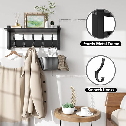 Coat Rack Wall Mount with Shelf, 17.1 Inch Coat Hanger Walls Mounted, Hat Rack for Walls, Shelf with 5 Coat Hooks, Wall Hanger for Entryway (Black)