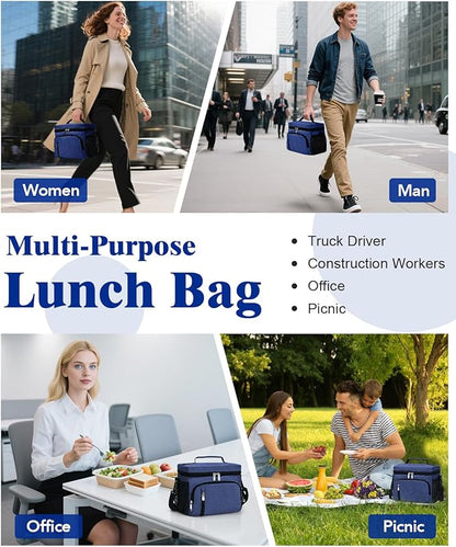 Insulated Lunch Bag for Men & Women, 9L Leakproof Lunch Box Soft Cooler Tote with 5 Pockets, 600D Oxford, EVA Lining, Adjustable Strap for Work, Picnic, Beach&Travel-Navy Blue