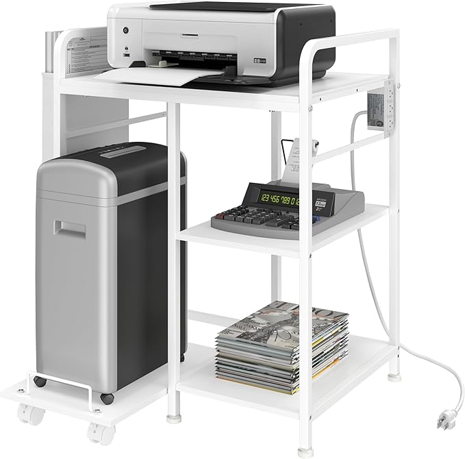 Home Printer Stand with Charging Station, 24x18 Inches Stands for Large Printer, Printer Shredder Stand with Storage for Home Office, Table for Fax Machine/PC Tower (White)