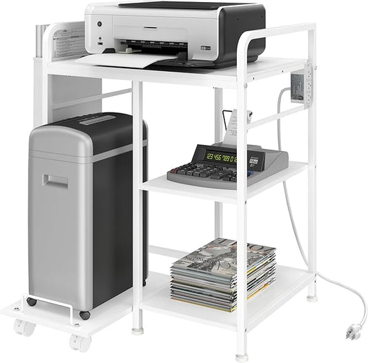 Home Printer Stand with Charging Station, 24x18 Inches Stands for Large Printer, Printer Shredder Stand with Storage for Home Office, Table for Fax Machine/PC Tower (White)