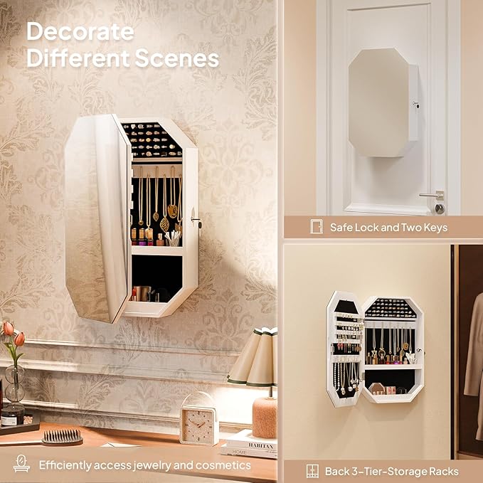 Bonnlo Modern Diamond-Shaped Jewelry Armoire, Lockable Octagonal Jewelry Cabinet Organizer with Mirror, Wall Mounted for Space Saving