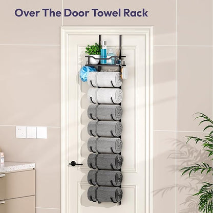 SWTYMIKI Over The Door Towel Rack - 9 Tier Towel Racks for Bathroom Wall Mounted, Towel Holder with Shelf, Hanging Rolled Towel Storage Organizer for Small Bathroom, Camper, RV, Black