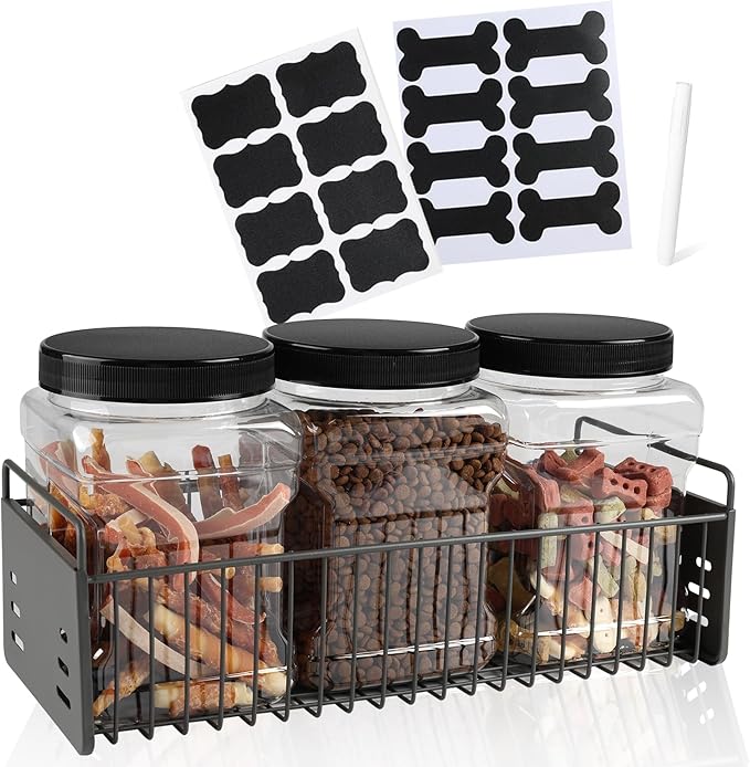Dog Treat Container, Airtight Dog Treat Jar Set of 3, Wire Pet Food Storage Containers , With Reusable Bone Shaped Label Sticker, Suitable for Pet Snacks Storage, Farmhouse Kitchen Counter(68oz*3)