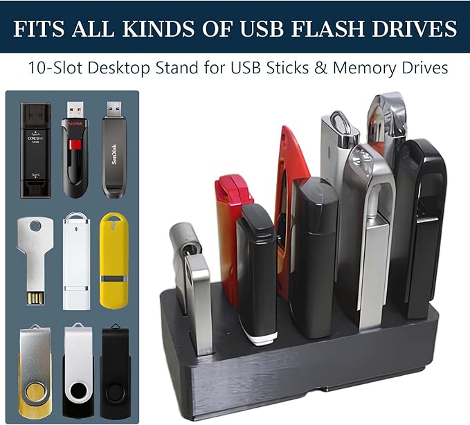 JBOS 10-Slot USB Flash Drive Holder Stand, Desktop Organizer Rack for Memory Sticks, Jump Drives & Electronic Accessories, Office Desk Storage, Black